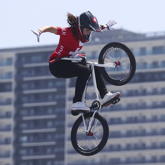 epa09384037 Nikita Ducarroz of Switzerland compete during the Cycling BMX Freestyle Women&#039;s Park Final events of the Tokyo 2020 Olympic Games at the Ariake Urban Sports Park in Tokyo, Japan, 01 A ...