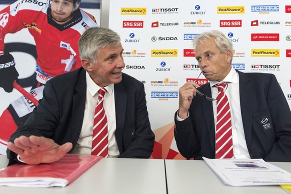 Die Spitze des Schweizer Eishockeyverbands, Marc Furrer (l.) und Ueli Schwarz, reagieren auf die Vorwürfe von Arno Del Curto mit einem (skurillen) Communiqué.&nbsp;