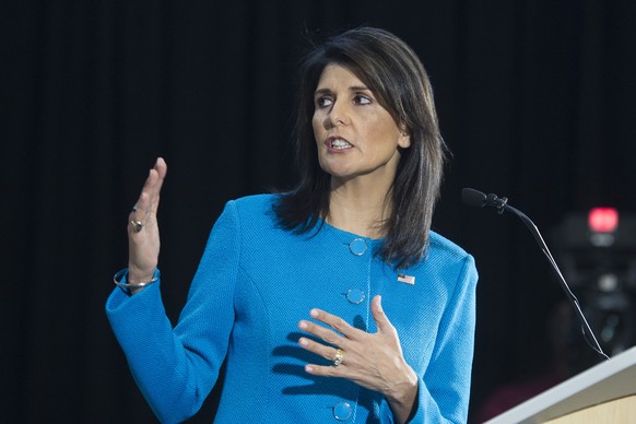 U.S. Ambassador to the U.N. Nikki Haley during a press briefing at Joint Base Anacostia-Bolling, Thursday, Dec. 14, 2017, in Washington. Haley says &quot;undeniable&quot; evidence proves Iran is viola ...
