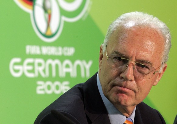 FILE - In this June 29, 2006 file photo Franz Beckenbauer, then President of the German Organization Committee of the soccer World Cup briefs the media during a news conference at the Olympic Stadium  ...