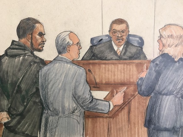 ADDS NAMES OF LAWYERS - In this courtroom sketch, R&amp;B singer R. Kelly, attorney Steve Greenberg and prosecutor Jennifer Gonzalez appears before Cook County Judge John Fitzgerald Lyke Jr. at the Le ...
