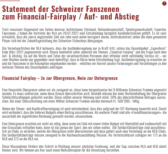 Statement der Schweizer Eishockey-Fanszenen zum Financial-Fairplay und zum Auf- und Abstieg