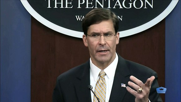 In this image from video, Secretary of Defense Mark Esper talks to the press on Iran and Iraq, Tuesday, Jan. 7, 2020, at the Pentagon in Washington. (divids via AP)
Mark Esper