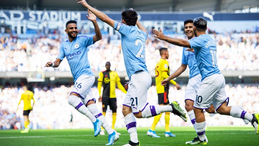 epa07859380 Manchester City players celebrate their 5-0 lead during the English Premier League soccer match between Manchester City and Watford FC in Manchester, Britain, 21 September 2019. EPA/PETER  ...