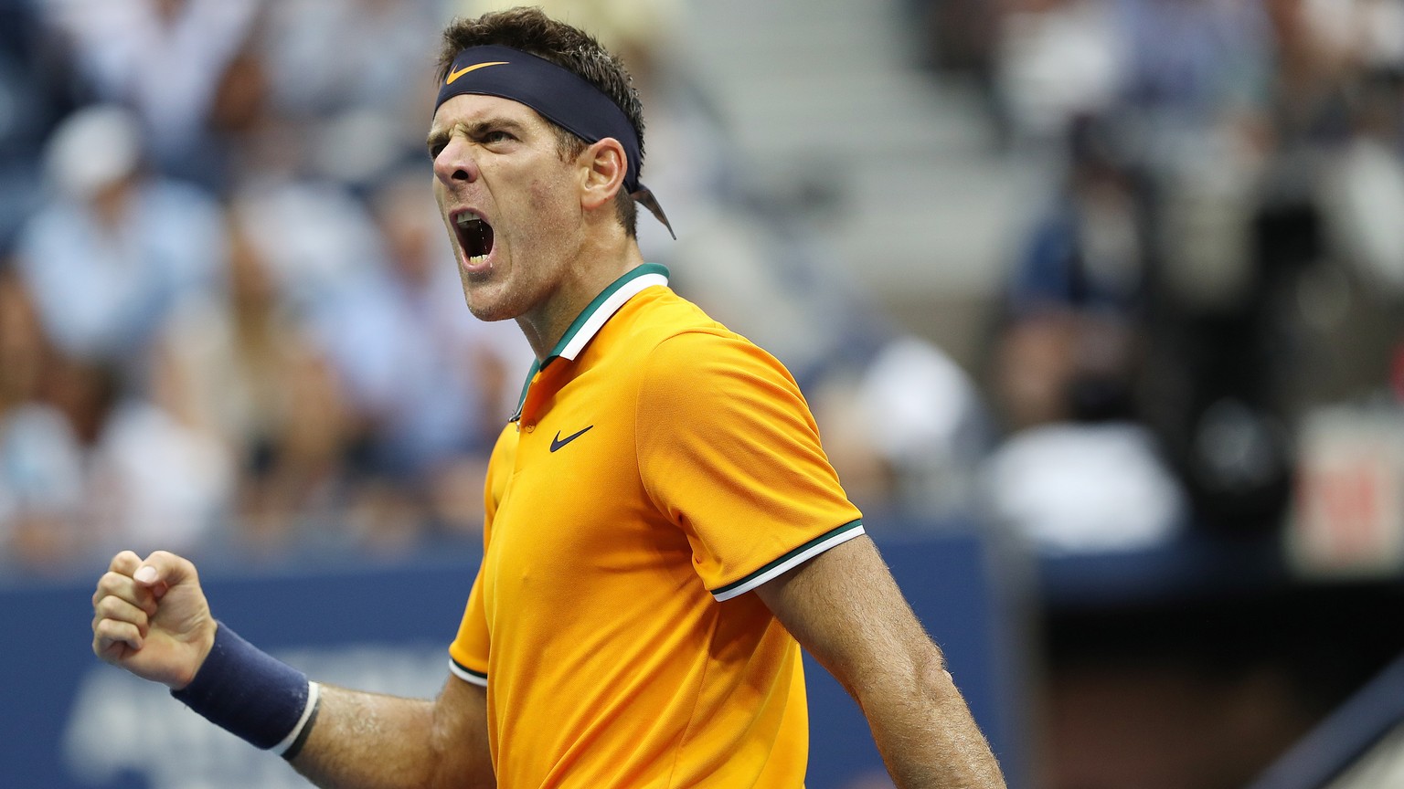epa07004351 Juan Martin del Potro of Argentina reacts as he plays Rafael Nadal of Spain during their semi-final match on the twelfth day of the US Open Tennis Championships the USTA National Tennis Ce ...