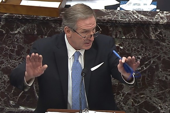 In this image from video, Michael van der Veen, an attorney for former President Donald Trump, speaks during closing arguments in the second impeachment trial of Trump in the Senate at the U.S. Capito ...
