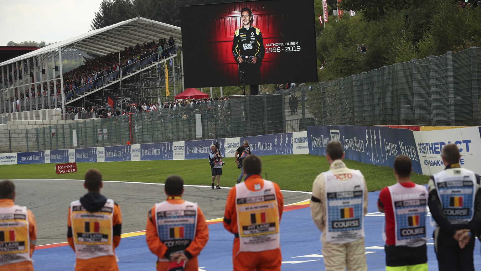 A large screen television shows Formula 2 driver Anthoine Hubert prior to the start of the Belgian Formula One Grand Prix in Spa-Francorchamps, Belgium, Sunday, Sept. 1, 2019. The 22-year-old Hubert d ...