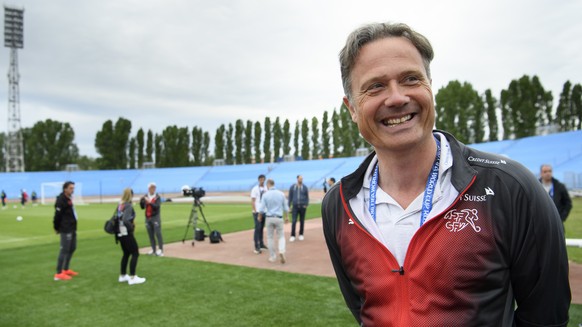 Alex Miescher, General Secretary of the Swiss Footbal Association, SFA, and Head of Mission smiles during a public training session of the Switzerland&#039;s national soccer team at the Torpedo Stadiu ...