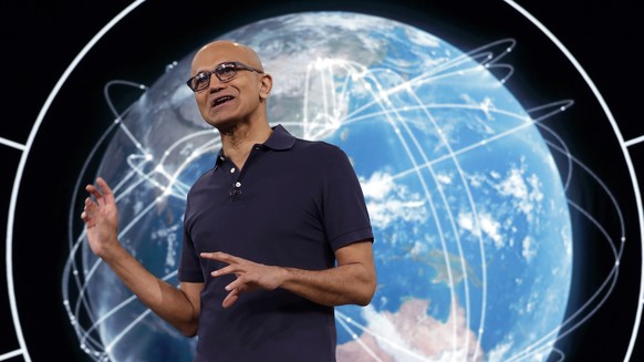 Microsoft CEO Satya Nadella delivers the keynote address at Build, the company&#039;s annual conference for software developers, Monday, May 6, 2019, in Seattle. (AP Photo/Elaine Thompson)