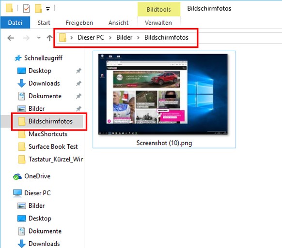 Der Screenshot wird mit dem Dateinamen «Screenshot» gespeichert.