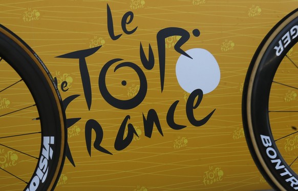 The logo of the Tour de France is pictured before the fourth stage of the Tour de France cycling race over 207.5 kilometers (129 miles) with start in Mondorf-les-Bains, Luxembourg, and finish in Vitte ...