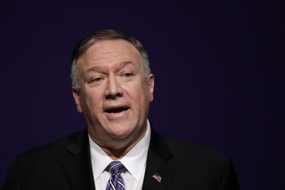 Secretary of State Mike Pompeo gives a speech at the London Lecture series at Kansas State University Friday, Sept. 6, 2019, in Manhattan, Kan. (AP Photo/Charlie Riedel)