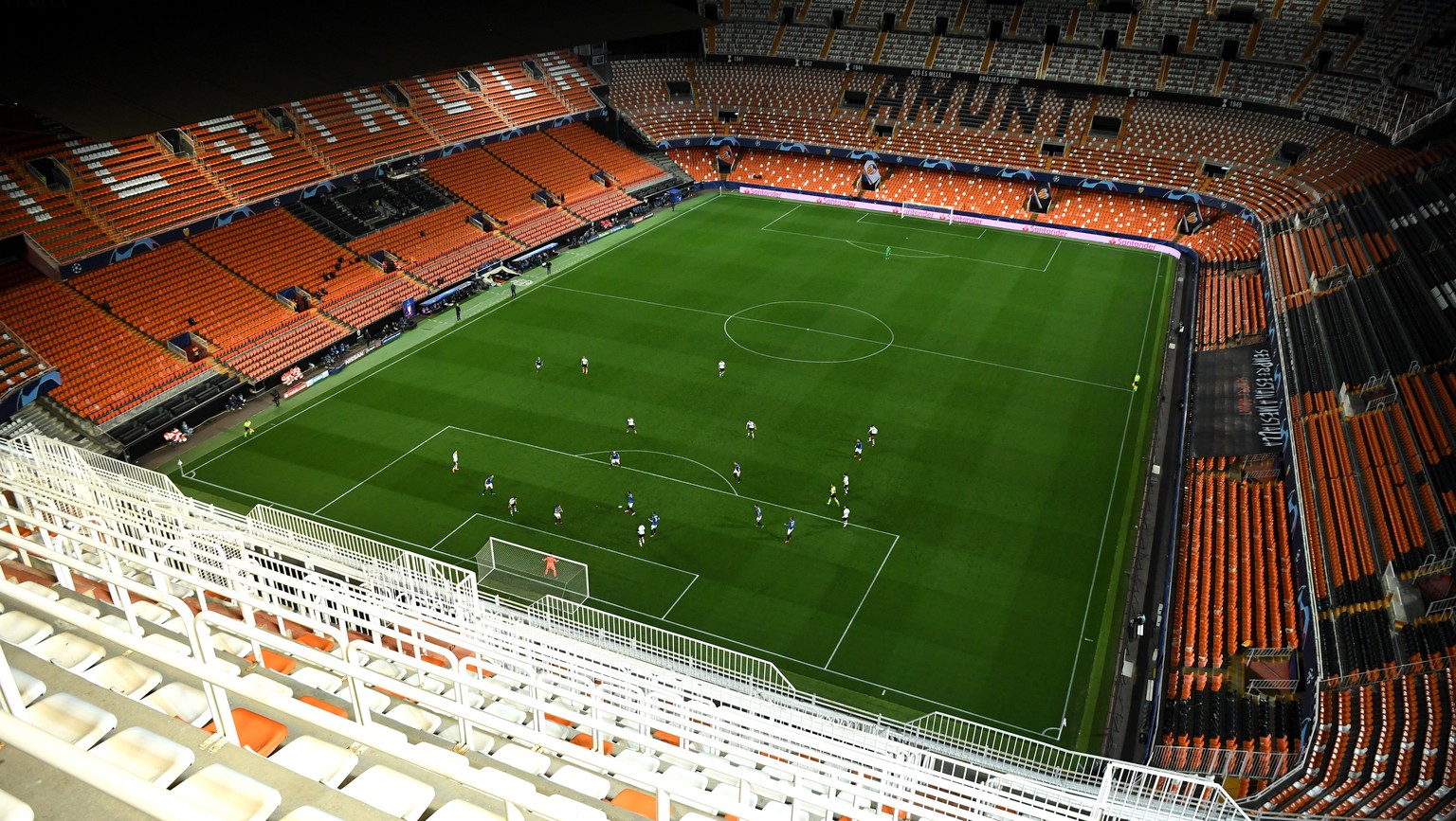 epa08284477 A handout image provided by UEFA shows a general view of the UEFA Champions League round of 16 second leg match between Valencia CF and Atalanta BC at Estadio Mestalla in Valencia, Spain,  ...