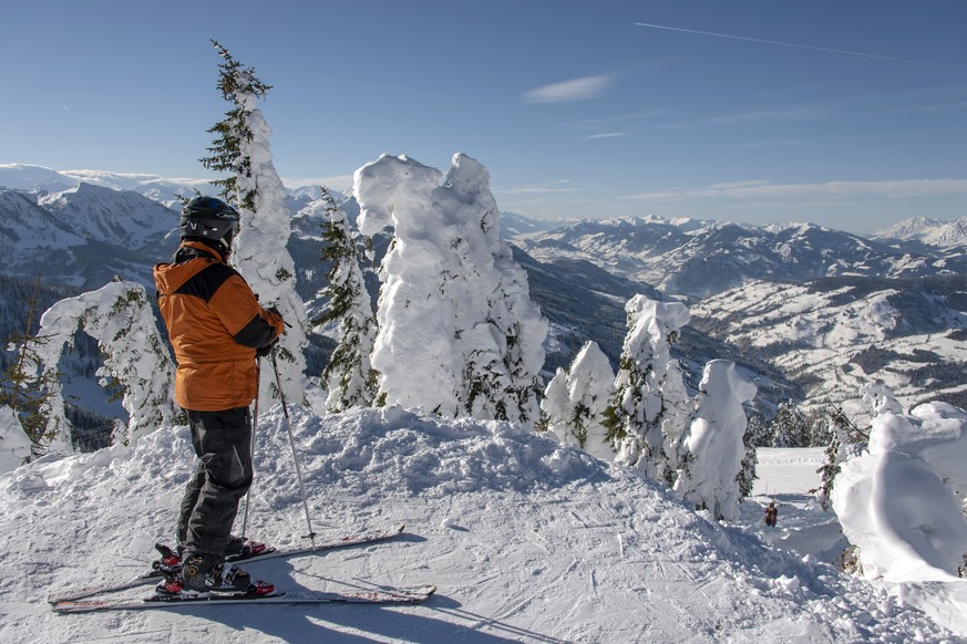 epa07293446 A skier enjoys the view over the snow-covered mountain landscape on a sunny winter day at the ski resort Flachau, in Flachau, Austria, 17 January 2019. EPA/CHRISTIAN BRUNA