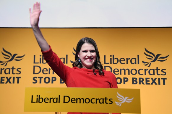 epa07733696 New leader of the Liberal Democratic Party Jo Swinson delivers a speech during the Liberal Democratic Party leadership announcement in London, Britain, 22 July 2019. Swinson has become the ...