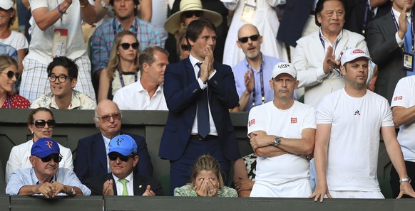 Mirka Federer, center, wife of Switzerland&#039;s Roger Federer reacts after he beat Spain&#039;s Rafael Nadal in a Men&#039;s singles semifinal match on day eleven of the Wimbledon Tennis Championshi ...