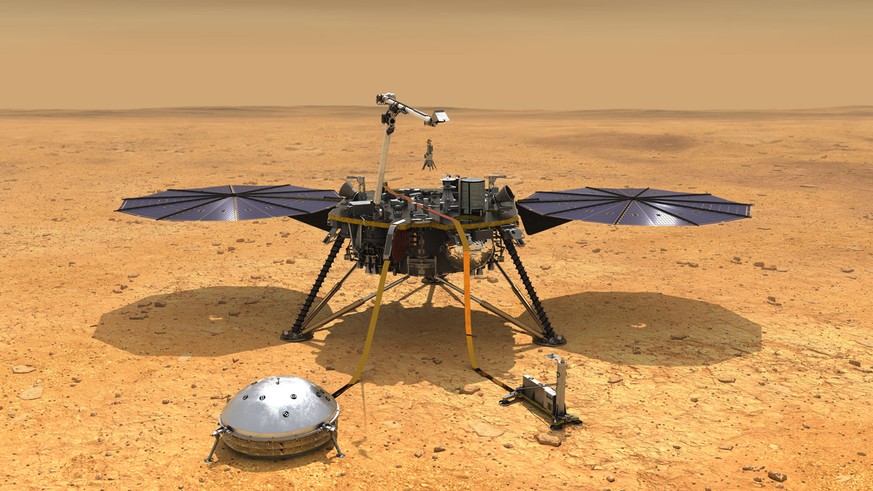 This artist&#039;s concept depicts NASA&#039;s InSight lander after it has deployed its instruments on the Martian surface. A version of the illustration depicts the smooth, flat ground that dominates ...