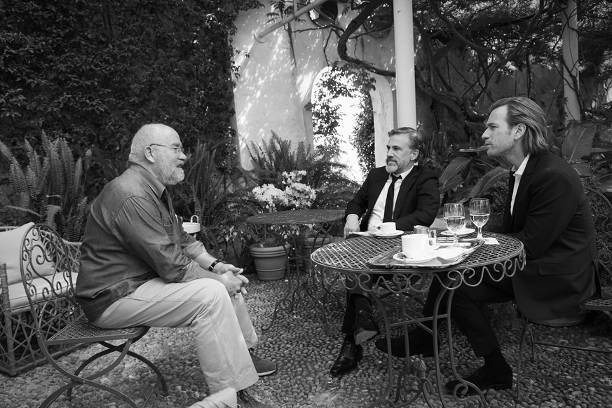 DISTRIBUTED FOR IWC - Renowned fashion and personality photographer Peter Lindbergh speaks with actors Christoph Waltz and Ewan McGregor during the photo shoot for the launch of the new Portofino Mids ...