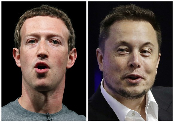 This combo of file images shows Facebook CEO Mark Zuckerberg, left, and Tesla and SpaceX CEO Elon Musk. An online smackdown between tech titans Zuckerberg and Musk over the possible threat of artifici ...