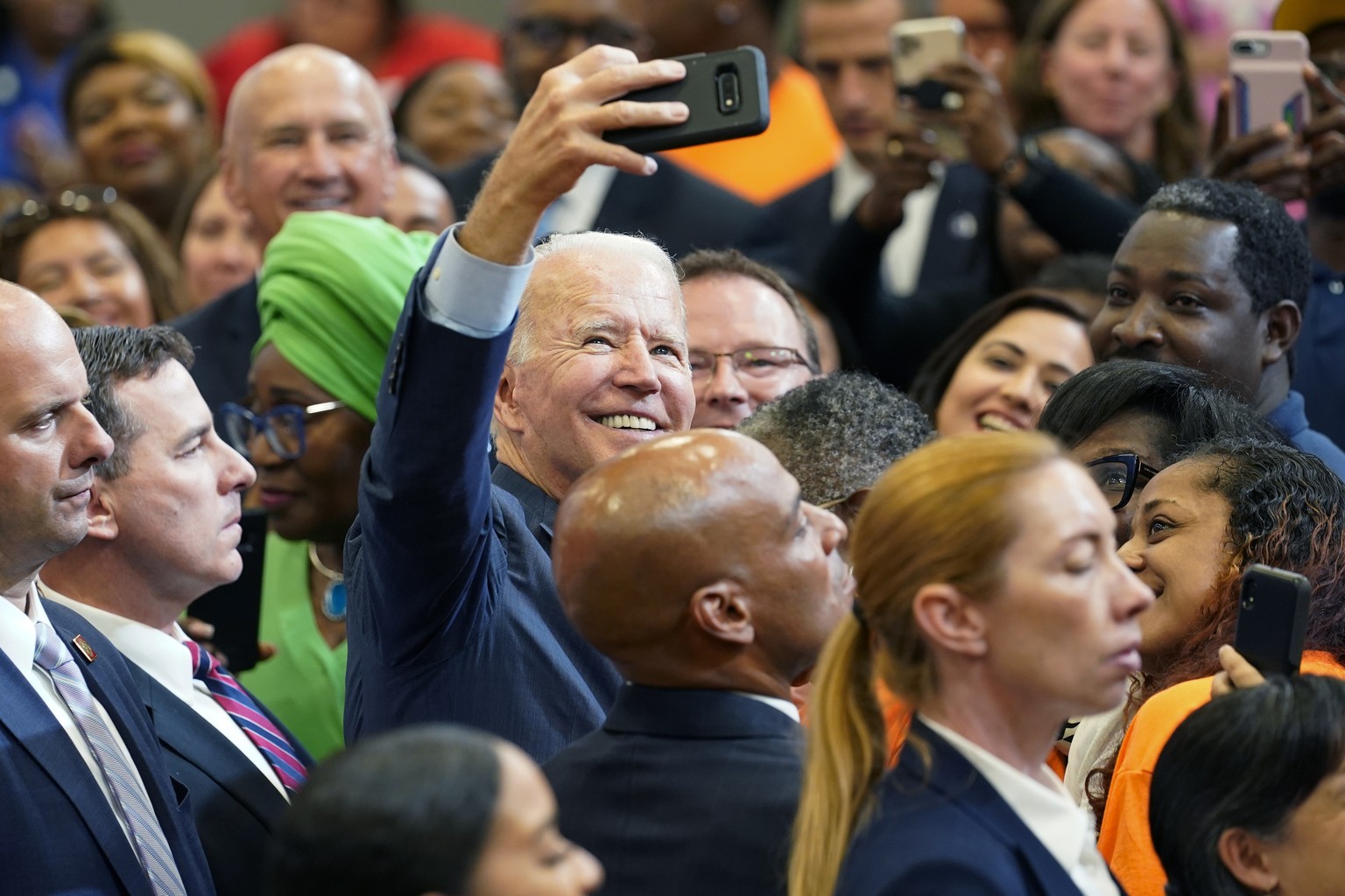 President Joe Biden greets members of the audience after speaking during a visit to a mobile COVID-19 vaccination unit at the Green Road Community Center in Raleigh, N.C., Thursday, June 24, 2021. (AP ...