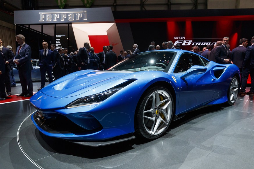 epa07414595 The New Ferrari F8 Triturbo is presented during the first media day at the 89th Geneva International Motor Show in Geneva, Switzerland, 05 March 2019. The Motor Show will open its gates to ...