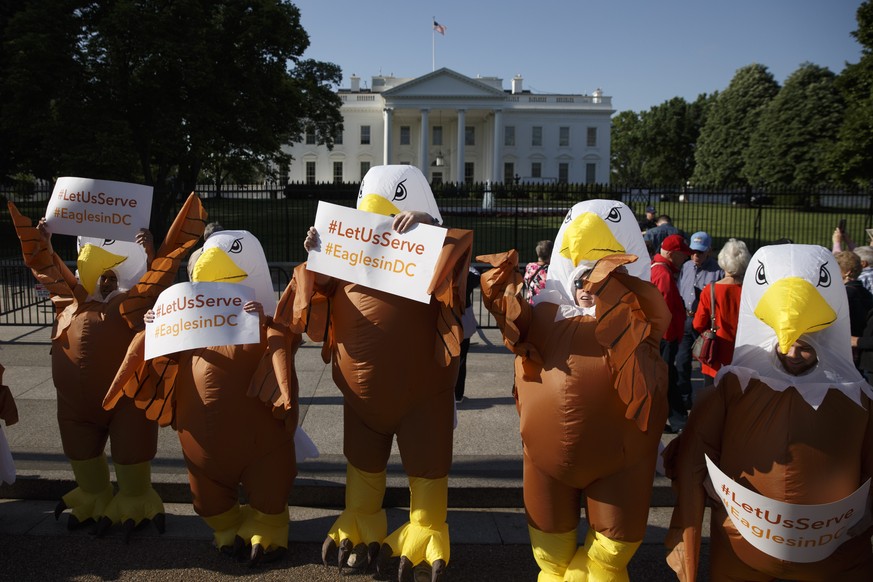epa06716872 Activists dressed as Bald Eagles protest the elimination of Americorps in President Trump&#039;s 2019 budget on Pennsylvania Avenue in Washington, DC, USA, 07 May 2018. Americorps as well  ...