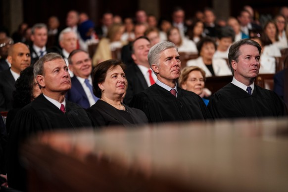 epa07346779 Supreme Court Justices John Roberts, Elena Kagan, Neil Gorsuch and Brett Kavanaugh attend the State of the Union address by US President Donald J. Trump at the Capitol in Washington, DC, U ...