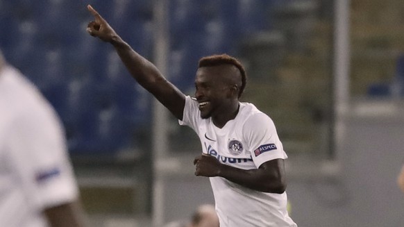 Austria Vienna&#039;s Olarenwaju Kayode celebrates after scoring the final equalizer during the Europa League group E soccer match between Roma and Austria Vienna, at Rome’s Olympic Stadium Thursday,  ...