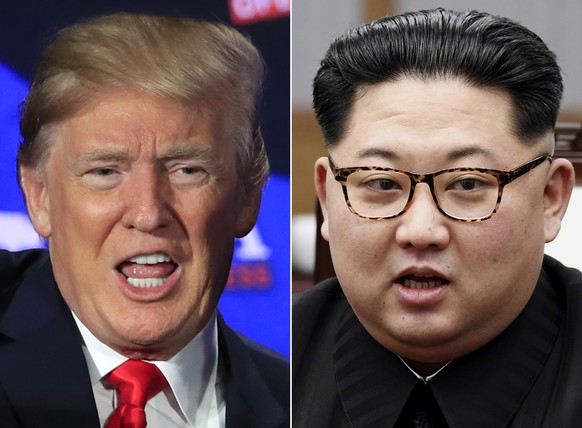 FILE - This combination of two file photos shows U.S. President Donald Trump, left, speaking during a roundtable discussion on tax cuts in Cleveland, Ohio, May 5, 2018 and North Korean leader Kim Jong ...