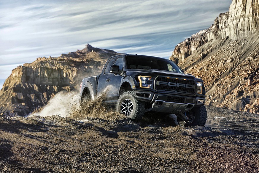 This photo provided by Ford Motor Co. shows a Ford F-150 Raptor. Ford’s top performance pickup, the F-150 Raptor, amps up its performance and personality for 2017 with a 450-horsepower, EcoBoost V-6,  ...