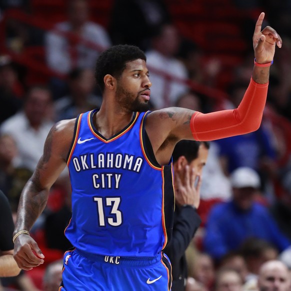 Oklahoma City Thunder forward Paul George celebrates after scoring during the second half of an NBA basketball game against the Miami Heat, Friday, Feb. 1, 2019, in Miami. (AP Photo/Wilfredo Lee)