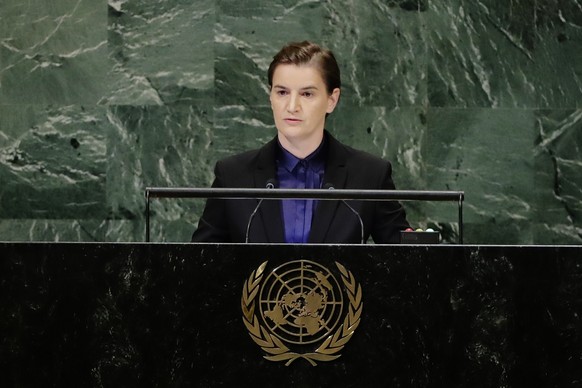 Serbia&#039;s Prime Minister Ana Brnabic addresses the 73rd session of the United Nations General Assembly, Thursday, Sept. 27, 2018, at the United Nations headquarters. (AP Photo/Frank Franklin II)