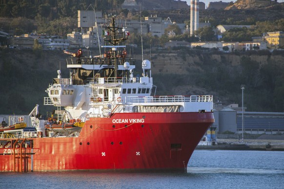 The Ocean Viking rescue ship is moored at Porto Empedocle&#039;s harbor, southern Italy, Monday, July 6, 2020. The humanitarian group SOS Mediterranee rescue ship with 180 migrants stranded aboard for ...