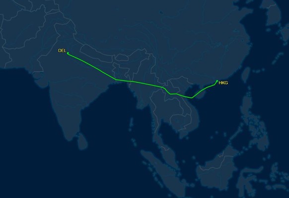 die Strecke Delhi - Hong Kong mit dem Flug UK6395 der Vistara Airline