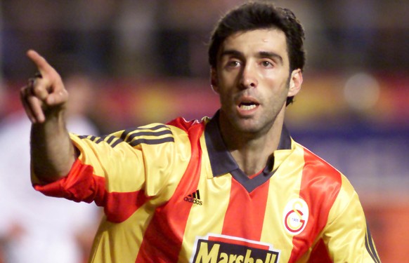 Hakan Sukur of Galatasaray rejoices after he scored a goal against Leeds United during their UEFA Cup semifinal match in Istanbul on Thursday April 6, 2000. Last night Turkish and English soccer fans  ...