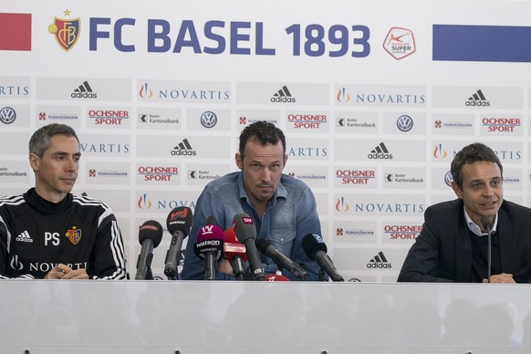 Trainer Sousa, Marco Streller und Präsident Häusler an der Pressekonferenz.