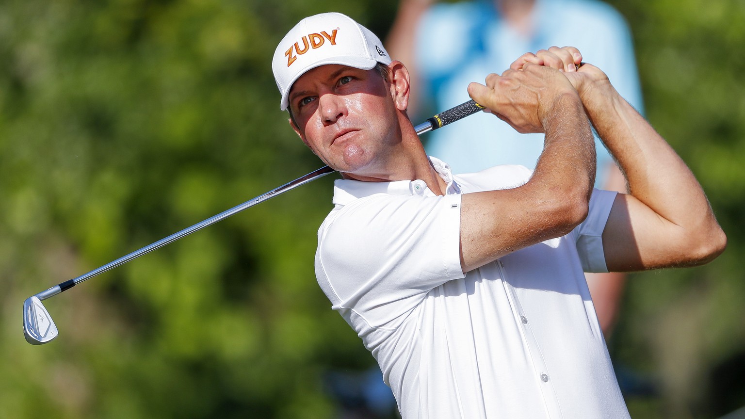 epa06725927 Lucas Glover of the US on the eighth tee during the first round of THE PLAYERS Championship golf tournament at the TPC Sawgrass Stadium Course in Ponte Vedra Beach, Florida, USA, 10 May 20 ...