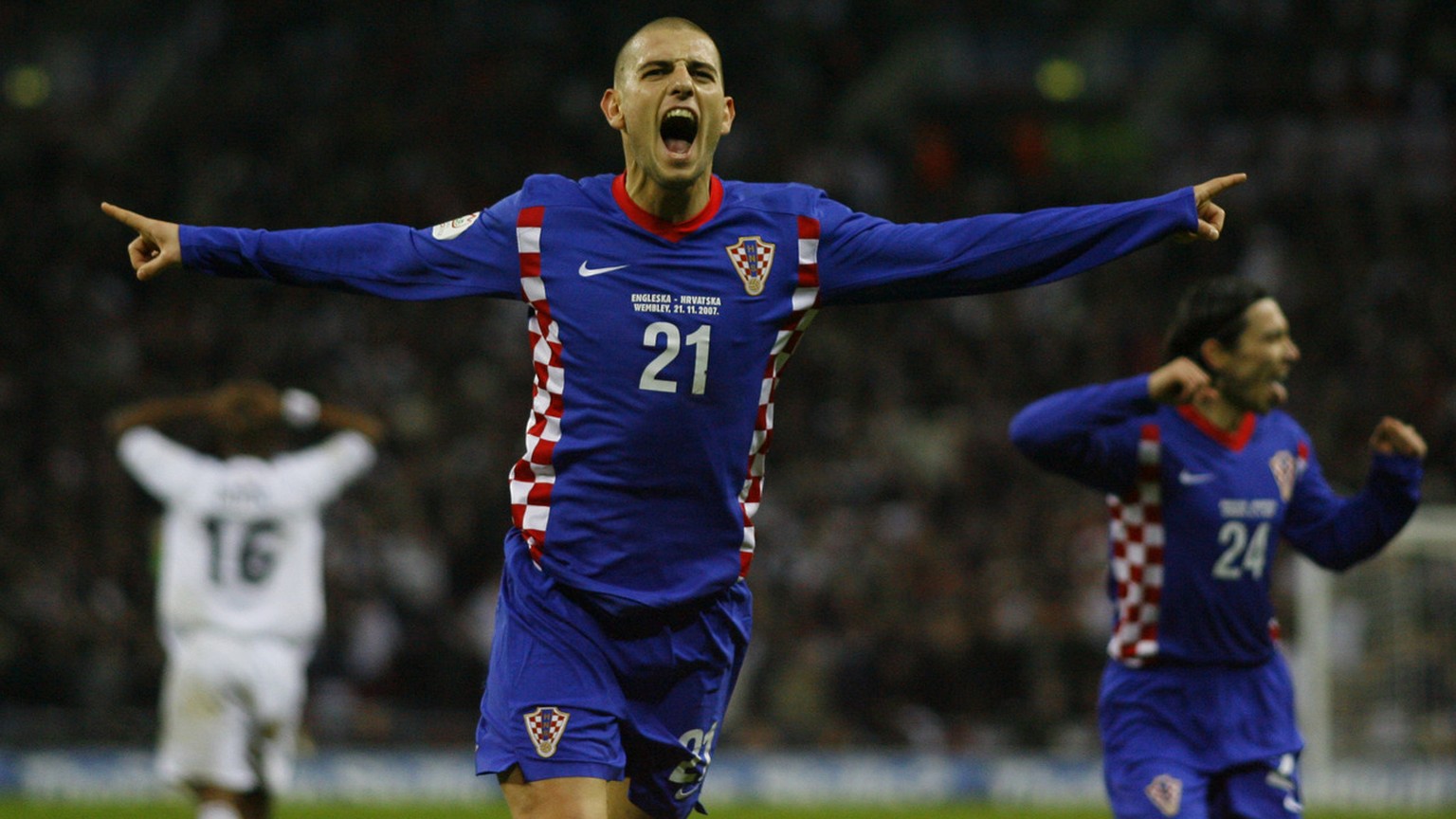 Croatia&#039;s Mladen Petric celebrates after scoring his side&#039;s winning goal during the Euro 2008 group E qualifying soccer match between England and Croatia at Wembley Stadium in London, Wednes ...