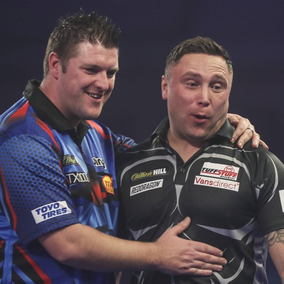 William Hill World Darts Championship Quarter Finals 01/01/2021. Gerwyn Price wins his quarter final match against Daryl Gurney during the William Hill World Darts Championship quarter finals at Alexa ...