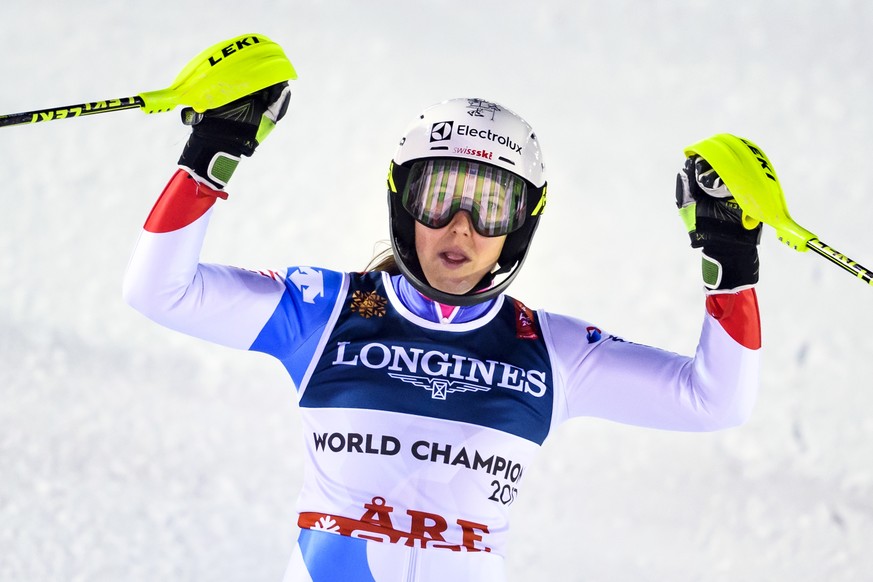 epa07353029 Wendy Holdener of Switzerland reacts in the finish area during the Slalom run of the women&#039;s Alpine Combined race at the FIS Alpine Skiing World Championships in Are, Sweden, 08 Febru ...