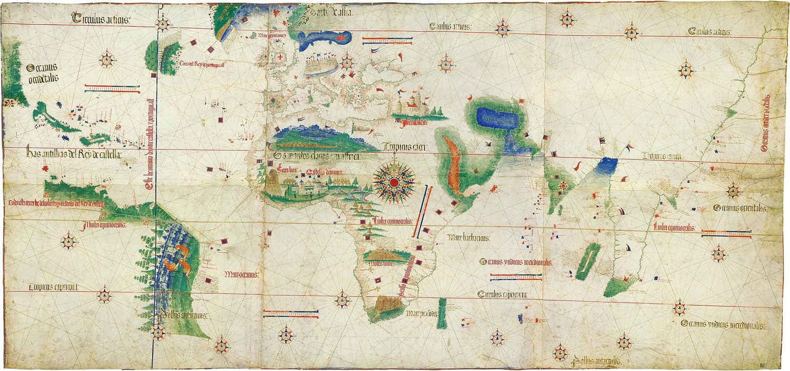 Die Weltkarte des Alberto Cantino aus dem Jahr 1502 gilt als die älteste bekannte Karte mit der Einzeichnung der Grenze des Vertrages von Tordesillas vom 7. Juni 1494.