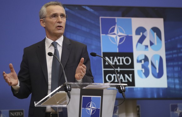epa09014555 NATO Secretary General Jens Stoltenberg gives a press conference ahead to a Nato Defense minister council at Alliance headquarters in Brussels, Belgium, 15 February 2021. Nato Defense mini ...