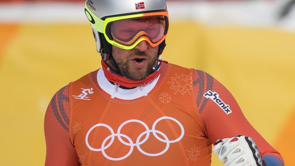 Aksel Lund Svindal of Norway reacts in the finish area during the men Alpine Skiing downhill training in Jeongseon Alpine Center during the XXIII Winter Olympics 2018 in Pyeongchang, South Korea, on S ...