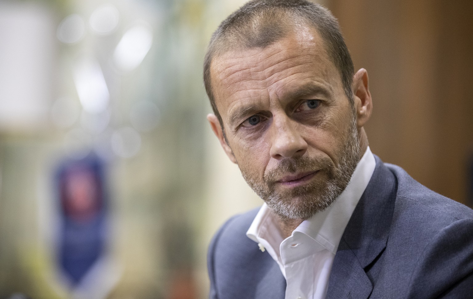 UEFA President Aleksander Ceferin during an interview with The Associated Press in Lisbon, Portugal, Sunday, Aug. 23, 2020. Ceferin says he will hold talks about retaining the single-game eliminator f ...
