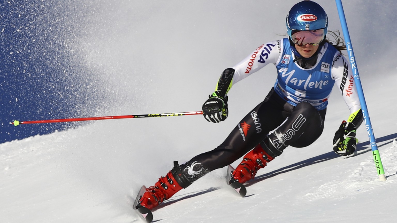 United States&#039; Mikaela Shiffrin competes during an alpine ski, women&#039;s World Cup giant slalom, in Kronplatz, Italy, Tuesday, Jan. 15, 2019. (AP Photo/Marco Trovati)