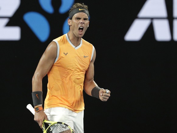 Spain&#039;s Rafael Nadal celebrates after defeating Greece&#039;s Stefanos Tsitsipas in their semifinal at the Australian Open tennis championships in Melbourne, Australia, Thursday, Jan. 24, 2019. ( ...