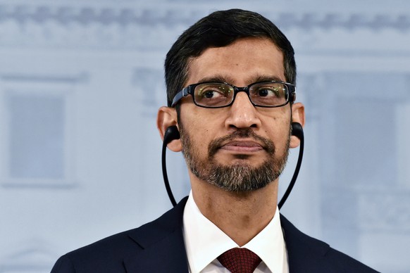 Google CEO Sundar Pichai attends a joint press conference with Prime Minister of Finland Antti Rinne in Helsinki, Finland, Friday Sept. 20, 2019. (Jussi Nukari/Lehtikuva via AP)