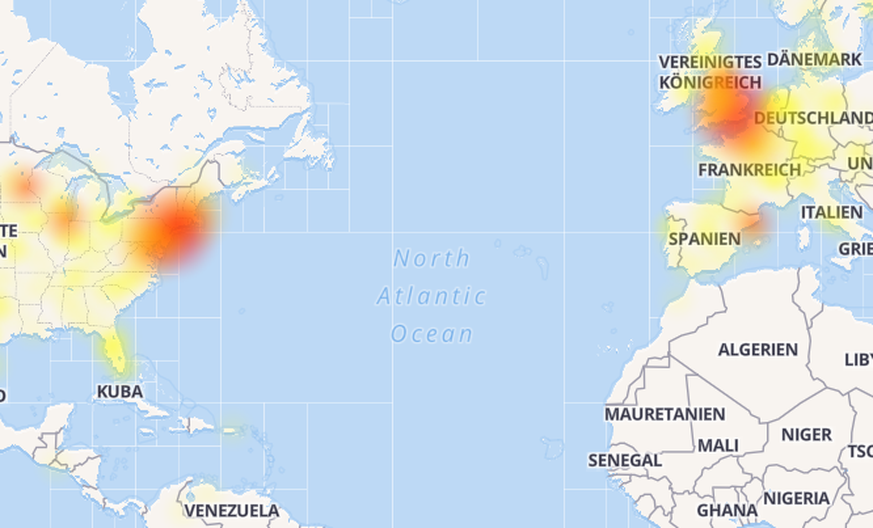 So sah es am Dienstagnachmittag aus: Die Karte zeigt die Gebiet, wo Twitter Störungen aufwies.