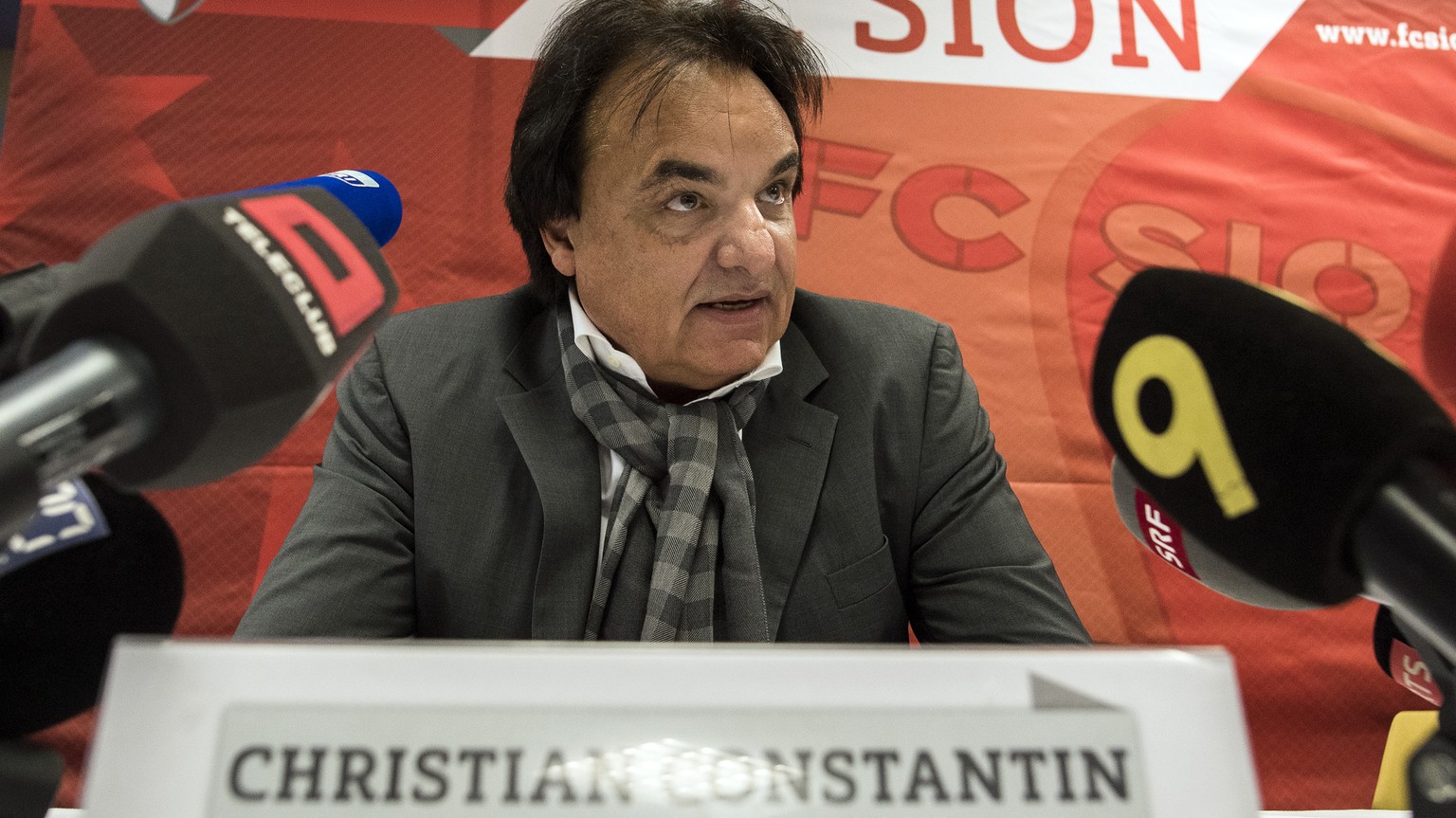 FC Sion soccer team president Christian Constantin speaks during a press conference the day after he physically attacked Rolf Fringer, in Martigny, Switzerland, Friday, September 22, 2017. Swiss club  ...