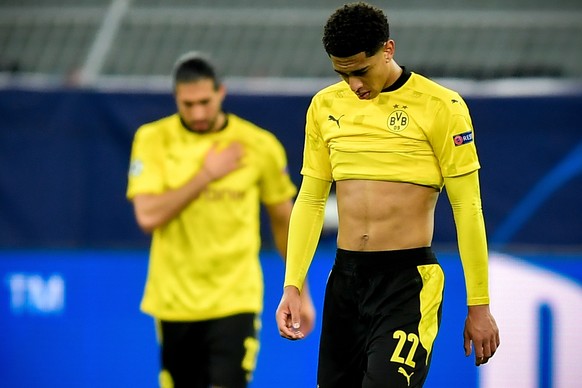 epa09135904 Dortmund&#039;s Jude Bellingham (R) reacts after conceding the 1-2 goal during the UEFA Champions League quarter final, second leg soccer match between Borussia Dortmund and Manchester Cit ...
